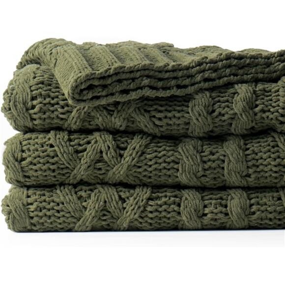 Olive Green Throw Blanket Chunky Cable Knit Soft Cozy Chenille Blanket for Couch - Picture 1 of 7